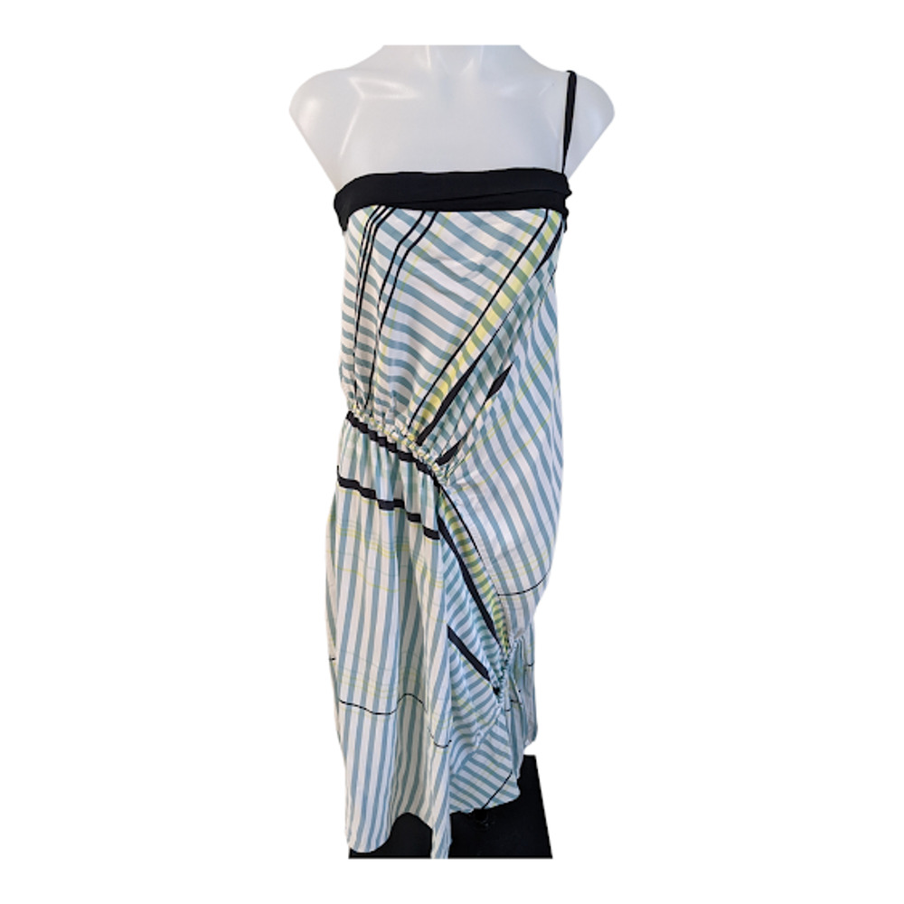 Cedric Charlier Sz 14 Striped Ruched Shift Dress Blue Black Hourglass Sleeveless